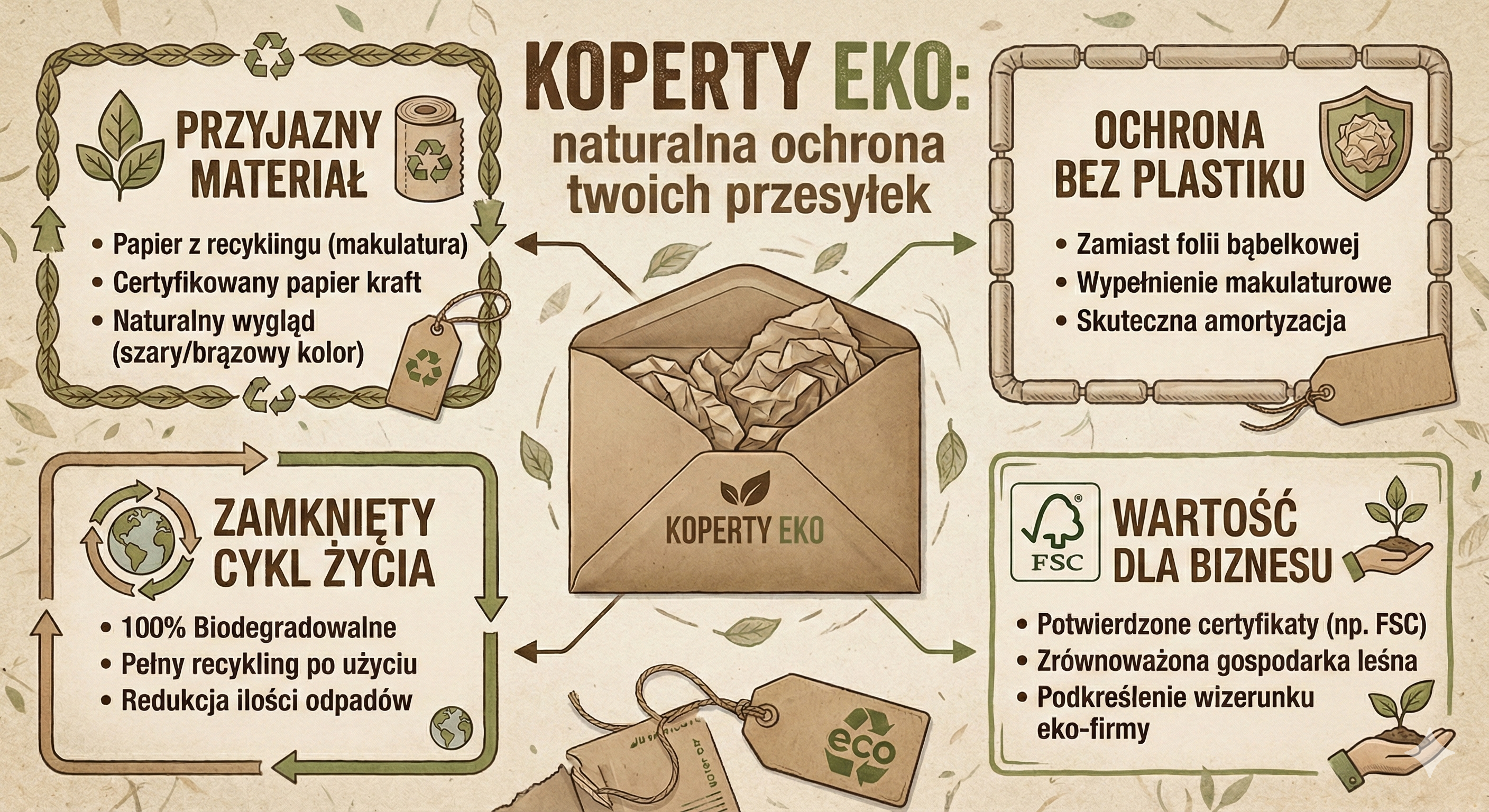 Infografika Koperty Eko Kraft – zalety: naturalny materiał z recyklingu, ochrona przesyłek bez plastiku (amortyzacja papierem), 100% biodegradowalność oraz certyfikat FSC budujący wizerunek eko-firmy